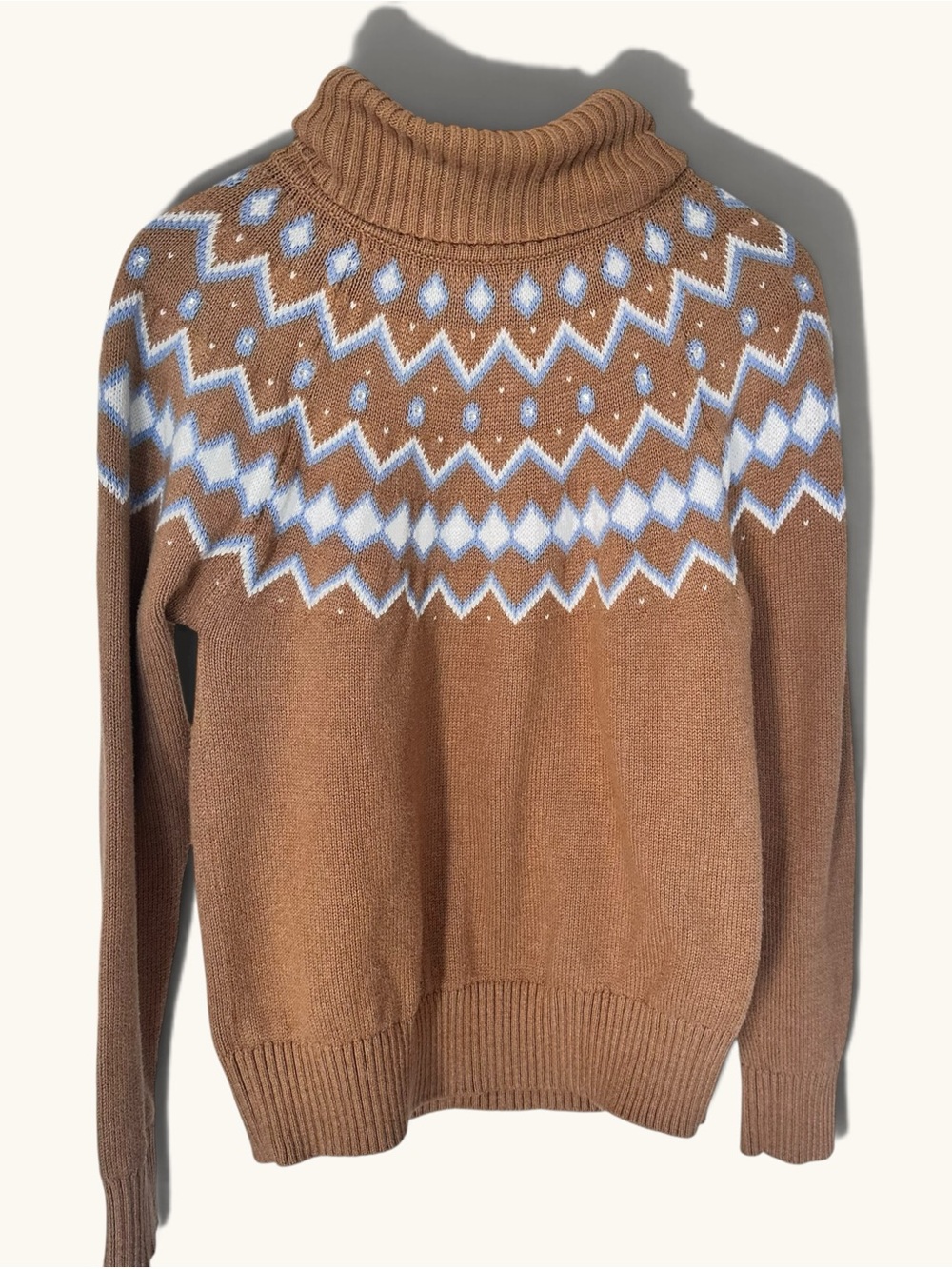 J.Crew 100% Cotton Fair Isle Turtleneck Sweater Camel Brown Blue Nordic M